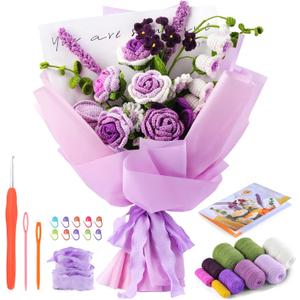 Iuuidu Crochet Kit for Beginners, Flower Bouquet Crochet Kit Rose, Crochet Starter Kit for Beginners with Step-by-Step Video Tutorials for Birthday Anniversary Day Present, Home Decor (Purple)