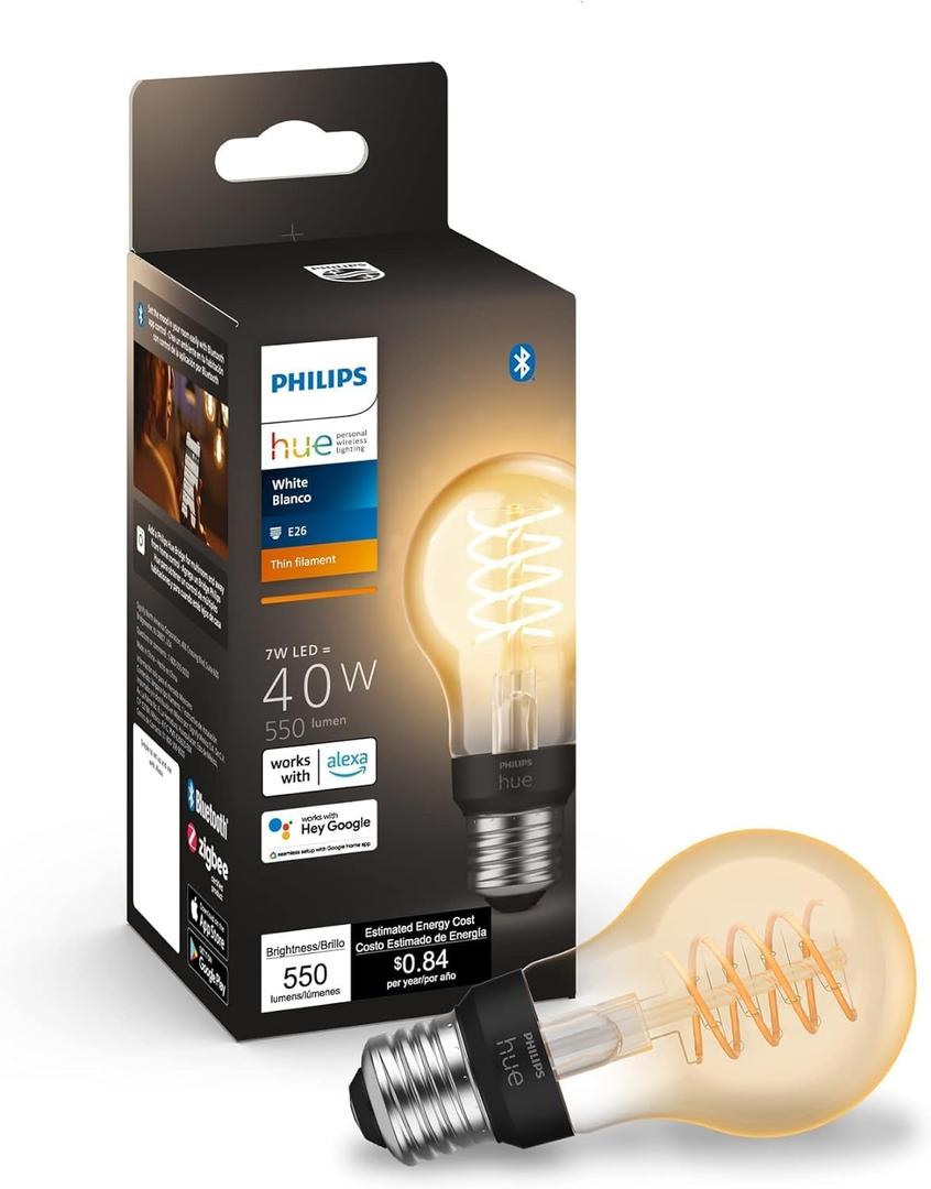 Philips Hue Smart 40W A19 Filament LED Bulb - Soft Warm White Light - 1 Pack - 550LM - E26 - Indoor - Control with Hue App - Compatible with Alexa, Google Assistant and Apple Homekit