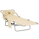 Outsunny Folding Beach Lounge Chair with Face Hole and Arm Slots, 5-Level Adjustable Sun Lounger Tanning Chair with Pillow for Patio, Garden, Beach, Pool, Beige