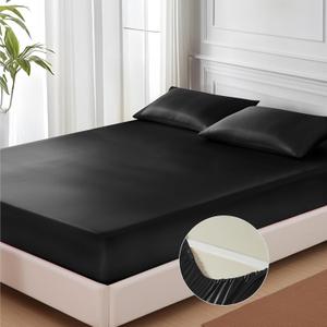 MR&HM Satin Fitted Sheet Full Size, Silky Bottom Sheet with Elastic Corner Straps, Deep Pocket up to 15 Inch, No More Slipping Off for Mattress - 1 Fitted Sheet Only (Black)