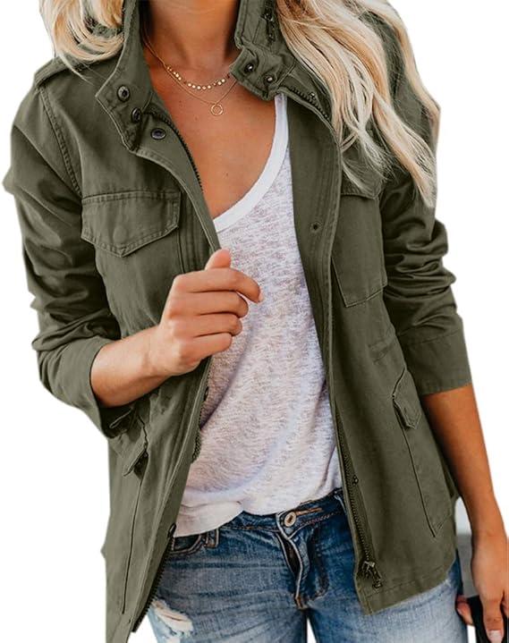 Soulomelody Women Military Anorak Jackets Zip Up Snap Buttons Parka Safari Utility Coats Outwear with Pocket S