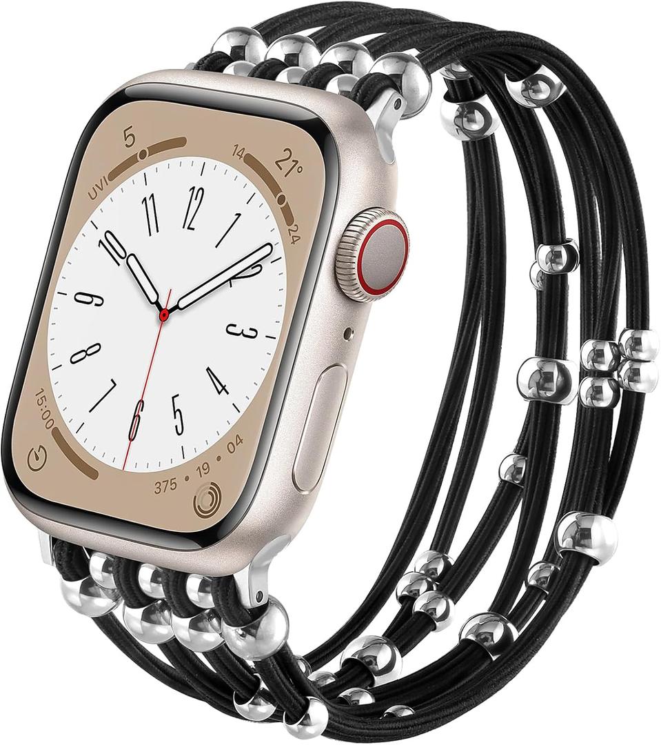VISOOM Beaded Boho Bracelet Compatible for Apple Watch bands 38/40/41/42mm Women - Stretchy iWatch Band Women for Apple Watch Series 11/10/SE/9/8/7/6/5/4/3/2/1, DIY Beaded Apple Watch Band(6-6.5") (Black/Silver)