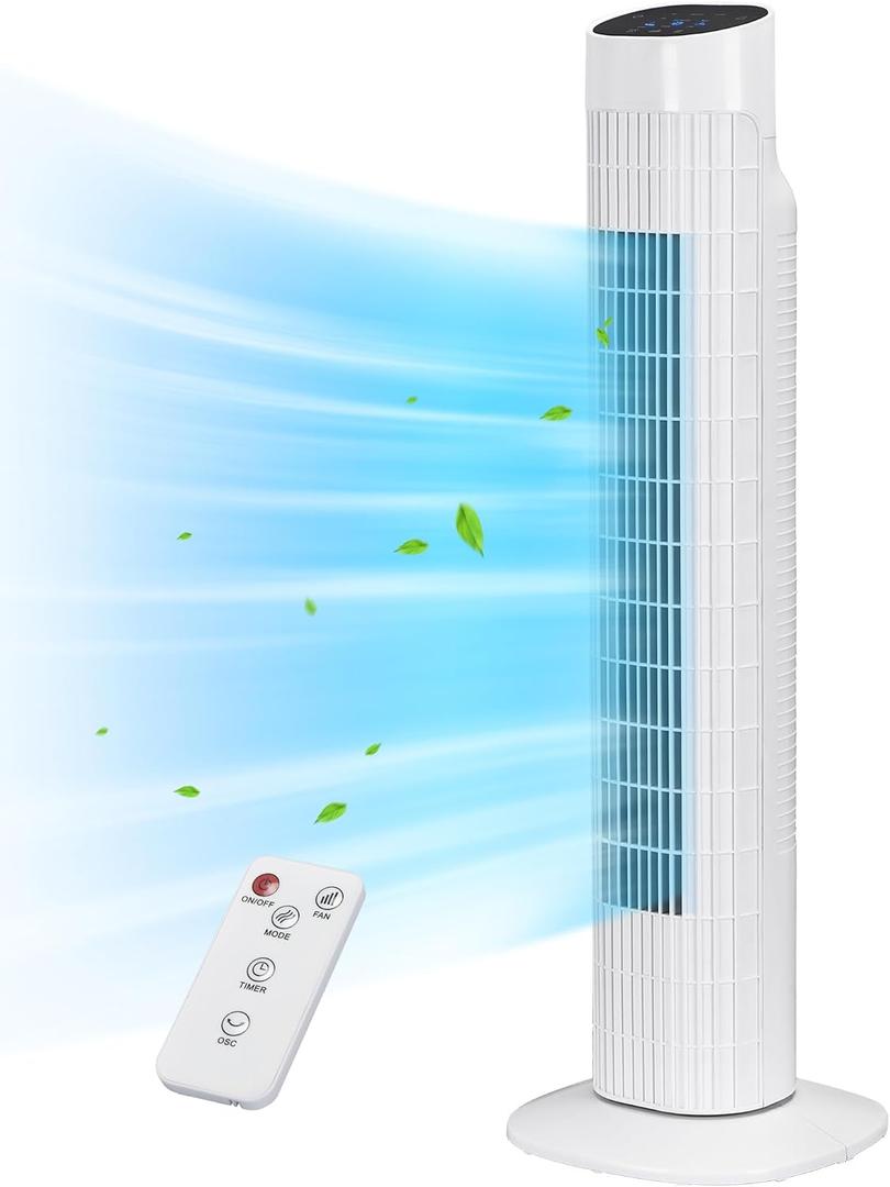 Uthfy Tower Fan with Remote, Portable 120 Oscillating Standing Fan, 3 Speeds & 3 Modes, 7.5H Timer, Fans That Blow Cold Air for Bedroom, Living Room, Office, White, 31"