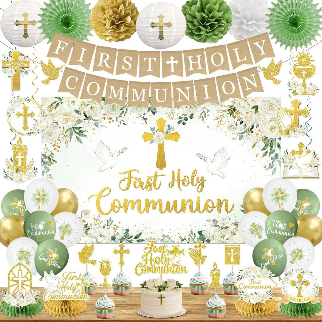 First Communion Decorations, Sage Green Baptism Decorations includes First Holy Communion Banner Backdrop God Bless Hanging Swirls Balloons, for Primera Comunion Decoration Boys and Girls