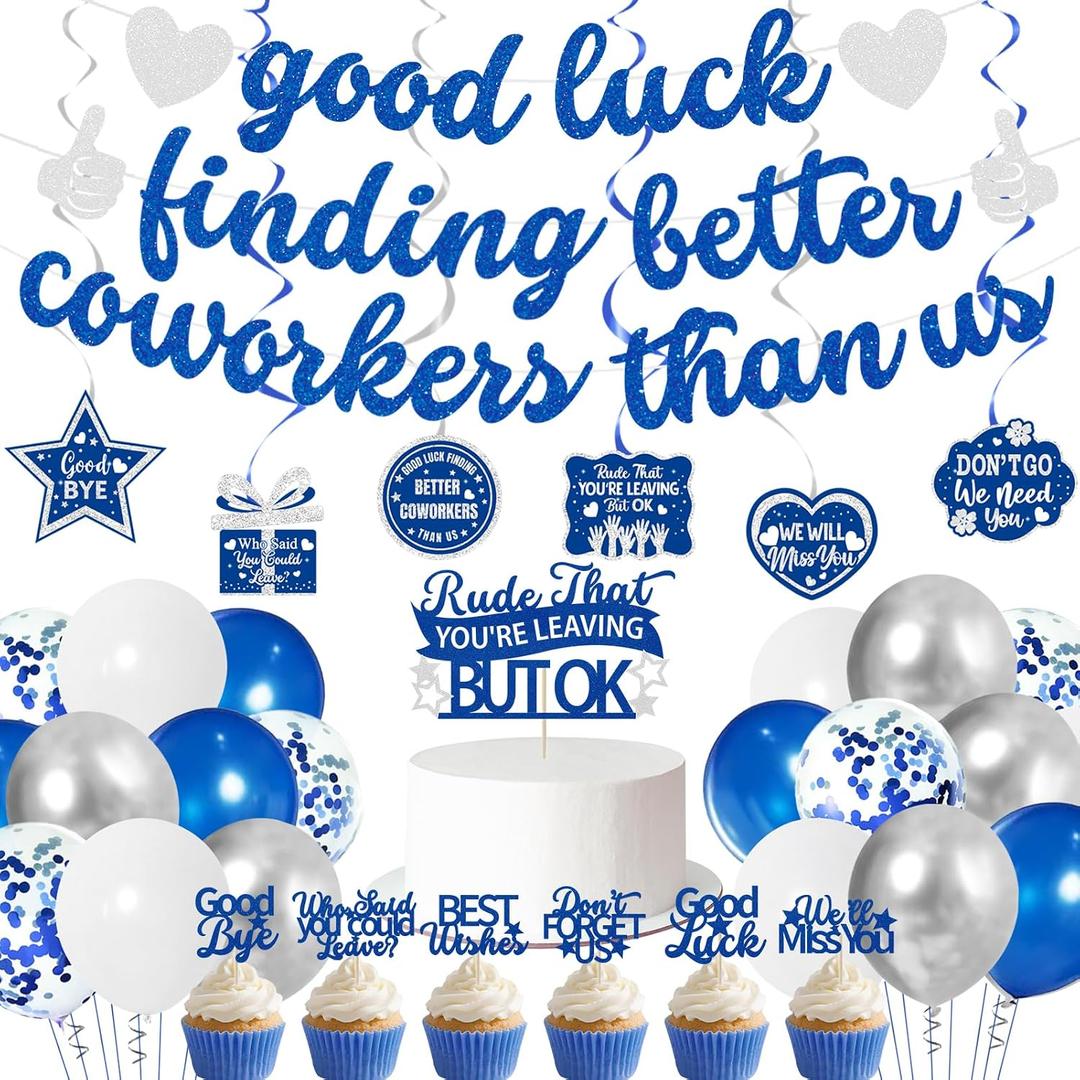 Roetyce Coworker Farewell Decorations, Blue Silver Good Luck Finding Better Coworkers Than Us Banner Cake Toppers Balloons Hanging Swirls, Blue Going Away/Goodbye/Leaving Party Supplies for Job Change