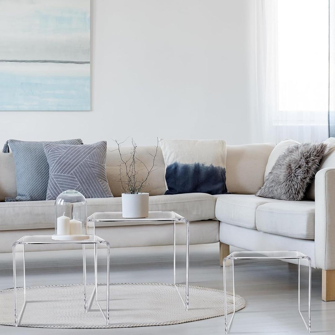 Barydat Set of 3 Nesting Tables Transparent Acrylic Side Table Modern Coffee Clear Desk with Round Corner Rectangle Clear Nightstand and Stool for Living Room Bedroom Home Office