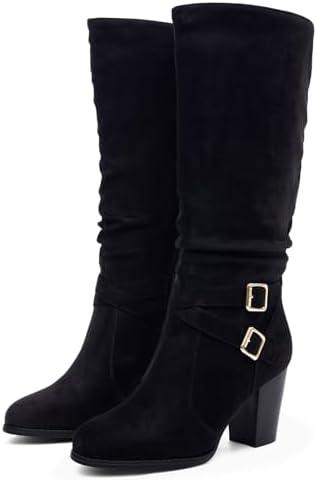 Ermonn Womens Mid Knee High Boots Chunky Heel Slouchy Metal Buckle Side Zipper Fashion Winter Shoes. Size 7