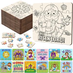 24 Pack Easter Jesus Color Your Own Wooden Jigsaw Puzzles for Kid Religious Christian He Lives He Is Risen Coloring Puzzles DIY Paper Jigsaw Party Favor Gift Exchange Classroom Educational Game