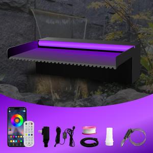 Pamopamo Pool Waterfall Spillway Stainless Steel Pond Fountain, APP Control Colorful LED Lighted Outdoor Black Fountains, Water Flow Spillways Kit for Koi Pond, Swimming Pool, Garden-11.8"x7.8"x3.9"