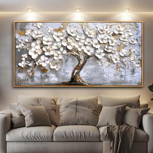 Canvas Wall Art for Living Room Large Wall Decor for Office Bedroom Decorations Gold Accent White Flower Tree Landscape Pictures Artwork Room Wall Mural Aesthetic Home Decor 30x60 in