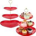 Layhit 2 Pack Valentine's Day 3 Tier Cupcake Stand Heart Shaped 3 Tiered Serving Trays for Party Plastic Tray Dessert Cupcake Stand for Tea Party Baby Shower Wedding (Red)