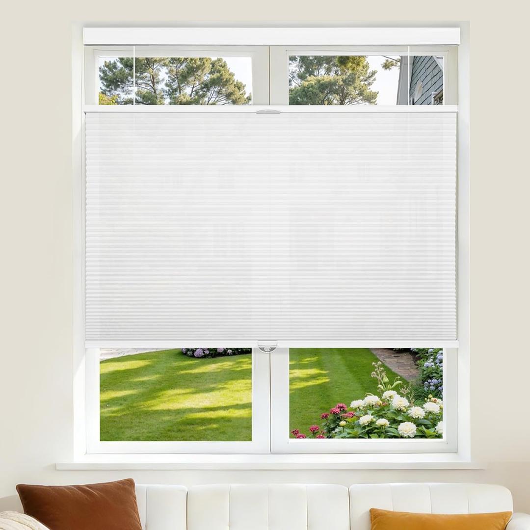 Grandekor Top Down Bottom Up Cellular Shades Cordless, Pull Down Honeycomb Blinds for Windows Room Darkening Blinds & Shades for Living Room Bedroom, Light Filtering, White, 32" Wx64 H