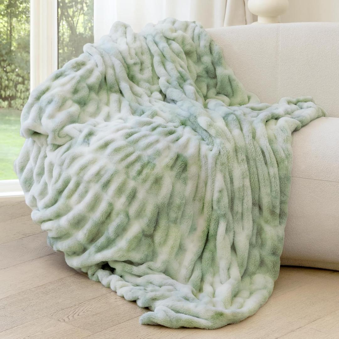 Faux Fur Blanket, Throw Blanket for Couch, Fluffy Blanket with Stretch Ruched Design, Ultra Soft Giftable Home Decor, 50x60 inches, Tie-Dyed in Sage Green
