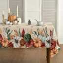 Horaldaily Fall Tablecloth 60×84 Inch Rectangular, Flower Autumn Harvest Pumpkin Washable Seasonal Table Cover for Party Picnic Dinner Decor (Beige)