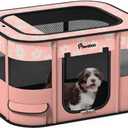 Dog Playpen, Portable Pet Cat PlayPen, 600D Oxford Dog Kennel Tent Crate, Breathable&Waterproof, Outdoor Indoor Travel Camping for Medium/Large Breed with Carrying Case+Bowl, L, Light Pink Flowers (Large(35"x28"x24"))