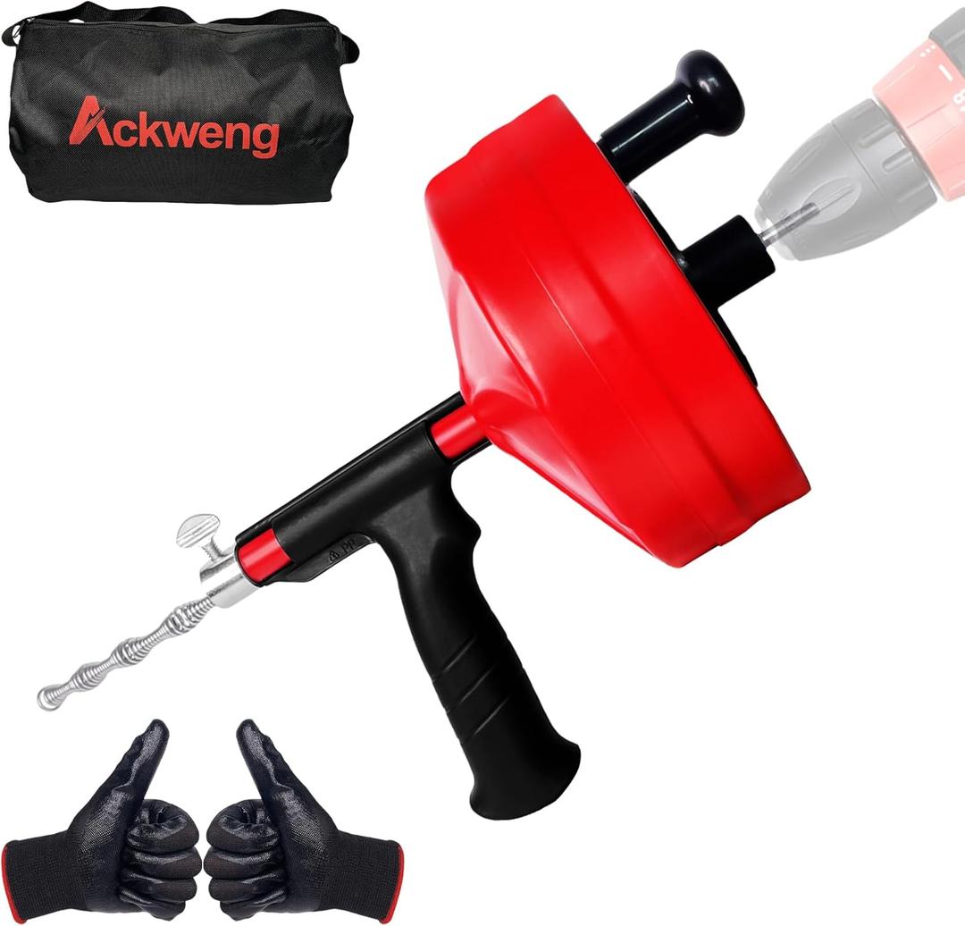 Drain Snake 50 Ft, Plumbing Snake for Sink with Drill Attachment, Snake Drain Clog Remover for Shower Drain, Kitchen, and Sink, Manual or Powered Use, Comes with Gloves and Storage Bag, 1/4 Inch, Red