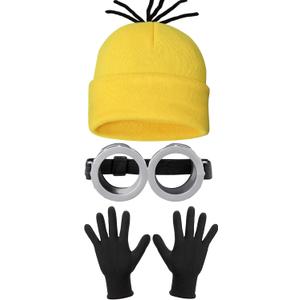 3 Pcs Halloween Costume Accessories Adult, Vintage Goggoles Eyewear Glasses/Yellow Beanie Knit Hat/Black Gloves for Kids Men Women Cosplay Party Set