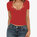Women's Short Sleeve Sexy Lace V-Neck Summer Going Out 2025 Crop Tops Slim Fit Tees Trendy Y2k Clothing XS, Red