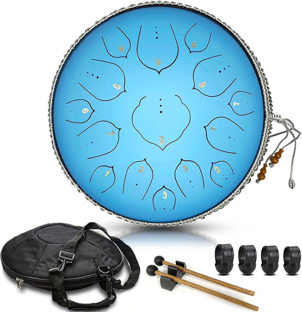 Steel Tongue Drum, 15 Notes 14 inch D-Key Handpan Percussion Instrument - Tank Chakra Drums with Padded Travel Bag, 2 Mallets, for Meditation, Decompression, Music and Gift (Aqua Blue)