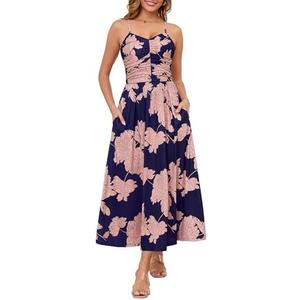 Annebouti Women 2026 Summer Spring Ruched Maxi Dress Adjustable Spaghetti Strap Floral Beach Long Sundress with Pockets, XL