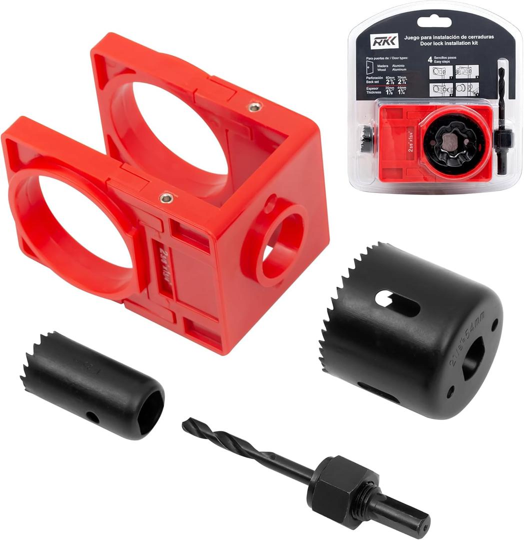 RKK Door Lock Installation Kit, Including 2-1/8" and 1" Hole Saw with Guide Template & Arbor Hole Saw Kit for Wooden Doors/Windows (1 Set)