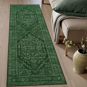 Uphome Washable Runners for Hallways, 2x6 Vintage Kitchen Runner Rug Non Slip, Farmhouse Soft Hallway Rug Low Pile, Stain Resistant Entryway Carpet Runner for Laundry Bedroom Bathroom, Olive Green