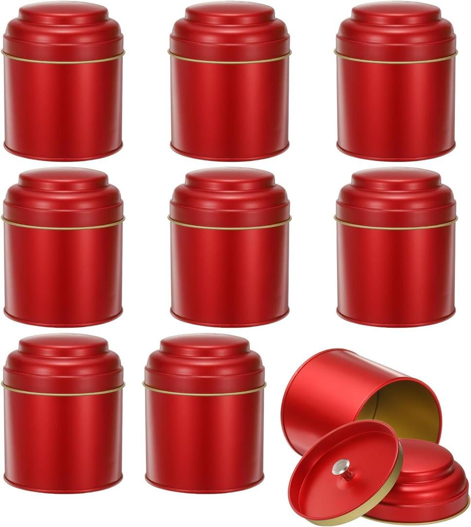 uxcell 9 Pcs Tea Tins Canister with Airtight Double Lids, 8 Fluid Oz Small Round Tin Can Box, Kitchen Canister Containers for Loose Tea Coffee Candy Spices, Red