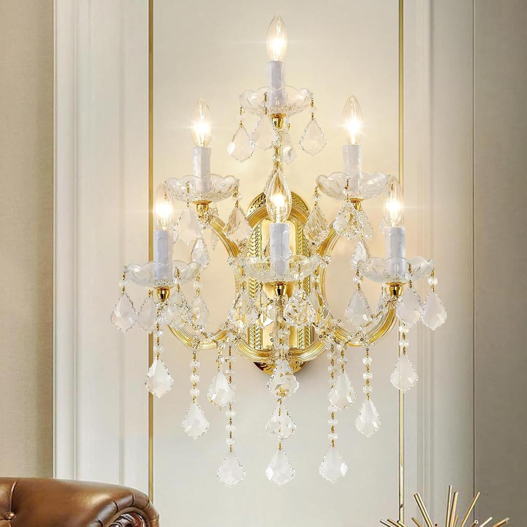 Modern Crystal Wall Sconce Lights- 6 Light Maria Theresa Crystal Wall Sconces Lighting Gold Wall Lamp Chandelier Light Fixtures for Living Room Wall Sconce Light Wall Mounted Lamp Indoor, 17" x 11.1" x 28.9"