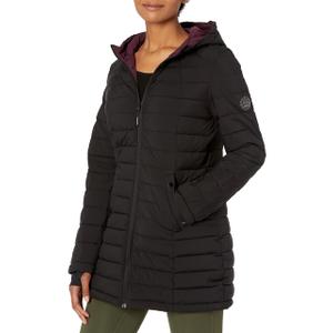 HFX Women's Stretch 3/4 Lightweight Puffer Jacket Welt Hand Pockets Knit Cuff with Thumbhole Water Resistant 32" Coat, Black, Large