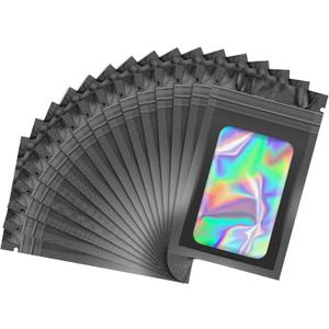 JETMORE 100 PCS Black Smell Proof Bag, Mylar Bags, Holographic Bags with Clear Window, Resealable Bag for Small Business, Packaging Bag for Bracelets, Jewelry, Candy, Gift 4x6in