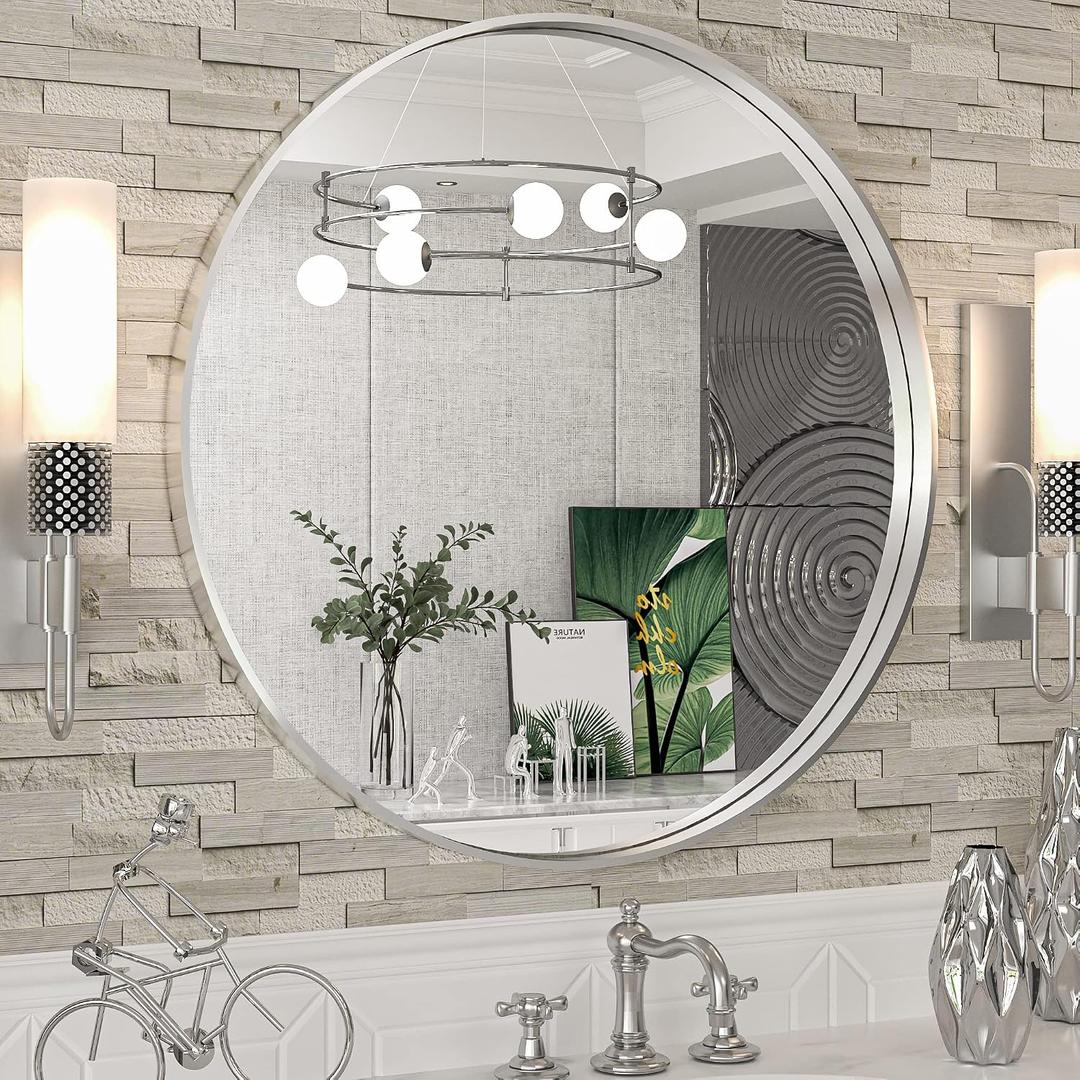 TokeShimi Round Mirror 24 Inch Brushed Silver Round Bathroom Mirror for Wall Non-Rusting Aluminum Alloy Brushed Silver Matte Metal Frame Modern Circle Mirror Multi Style Home Decor