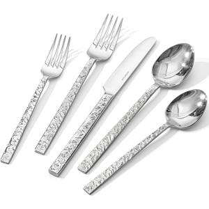 KINGSTONE 60 Pcs Hammered Silverware Set for 12, 18/10 Stainless Steel Heavy Duty Flatware Set, Tableware Cutlery Utensil Sets for Home Restaurant Dishwasher Safe