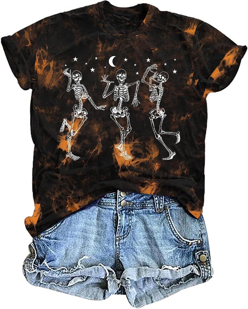 Dancing Skeleton Shirt for Women Happy Halloween T-Shirt Short Sleeve (Black, L)