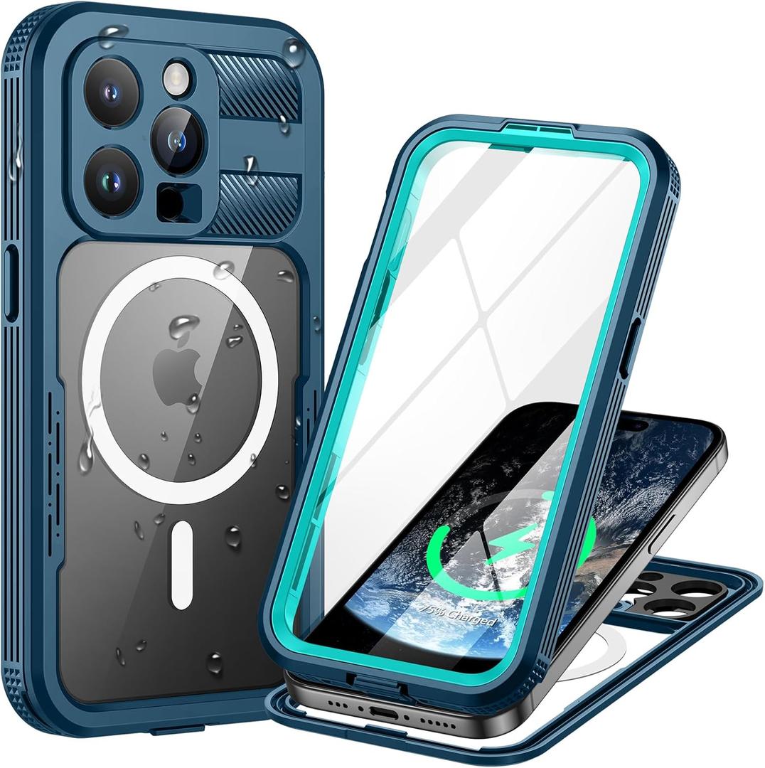 Lanhiem Magnetic for iPhone 15 Pro Case, IP68 Waterproof Dustproof Case, [Compatible with Magsafe] [Built-in Screen Protector] Full Body Heavy Duty Rugged Phone Cover 6.1 inch, Blue/Clear