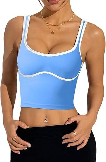 Sports Bras for Women Color Block U Neck Padded Wirefree Medium Support Workout Crop Tops for Gym Yoga Running S