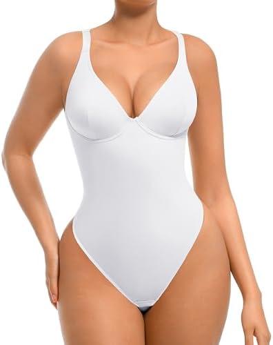 FeelinGirl Bodysuits for Women Tummy Control Thong Shapewear Body Suit Sexy Deep V Neck Corset Tops for Women L