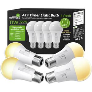 Upgraded Timer Light Bulb, 100W Equivalent A19 LED with 12/9/6/3H Auto Off or Always-On Mode, 11W 3000K Soft White, 1200LM, E26 Base, No App/WiFi Needed, Indoor Outdoor Security Light, 4 Pack