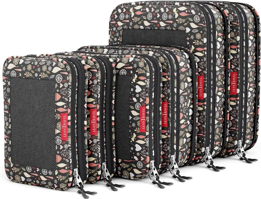 LeanTravel Premium Compression Packing Cubes for Travel - Suitcase Organizer Bags with Double Zipper & Breathable Mesh Panel - Space Saving Carry On Luggage Essentials (6-Pack, Flowers)