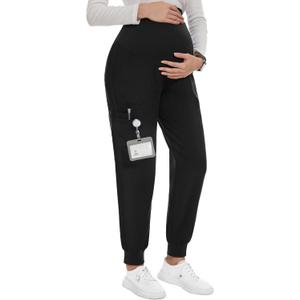 PACBREEZE Women's Maternity Scrubs with 6 Pockets, Workwear Maternity Jogger Scrubs Pregnancy Pants (Large, 01 Update Black)