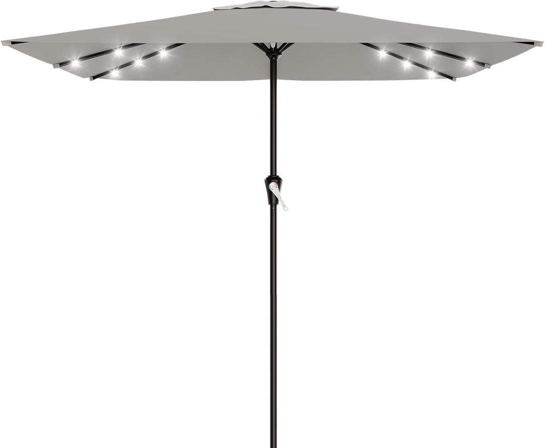 AreShark 6.5' x 10' Rectangular Patio Umbrella with Solar Lights, Solar Powered Lighted Market Umbrella w/Tilt and Crank, Outdoor Table Umbrella for Garden, Deck, Backyard, Pool and Beach, Light Gray