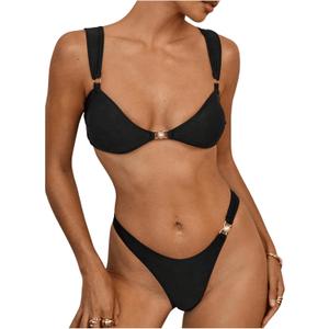 Women's 2 Piece High Cut Bikini Set Beaded Ring Linked Triangle Wireless Bathing Suit Swimsuit (Medium, Black)