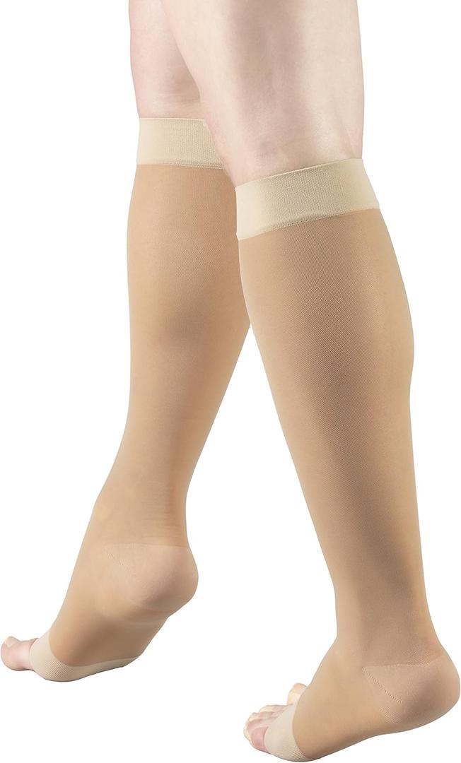Truform Sheer Compression Stockings, 15-20 mmHg, Women's Knee High Length, Open Toe, 20 Denier, Light Beige, Large