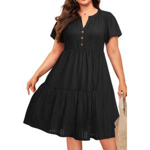 Plus Size Summer Dress - Casual Sundress Beach Short Sleeve V Neck Tiered Button Up Boho Midi Flowy Sun Dresses Women (Black Eyelet) 24 Plus
