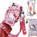 Compatible with iPhone 14 Pro Case with Screen Protector, Cartoon Cute Funny Kawaii Cat Kitty Animal Character Phone Case Silicone Lanyard 3D Cover Case for Kids Girls and Womens