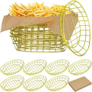 Hushee 12 Pcs Wire Bread Basket 9.5 x 6.2 x 2.2 Inch Oval Metal Dinner Roll Baskets for Serving Fruit Bowl Storage with 50 Sheets Deli Wrappers Paper for Kitchen Table Fast Food(Gold,9.5 x 6.2 x 2.2)