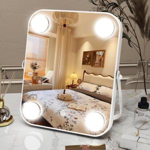 Hollywood Vanity Mirror with Dimmable LED Lighting, Smart Touch Control & U-Shaped Bracket - Portable Tabletop Makeup Mirror for Travel, Home (White) (8"L x 9"W)