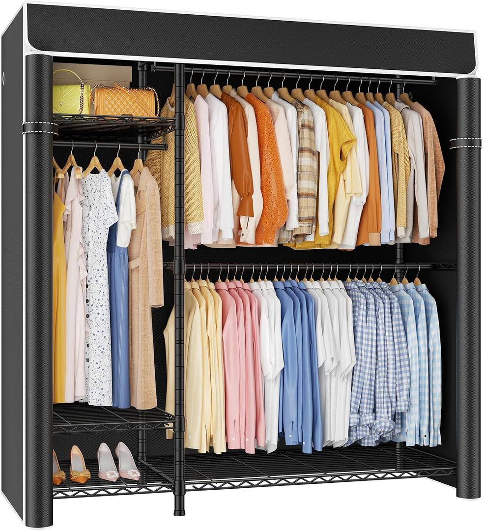 ULIFHOME F7C Clothes Rack with Cover, Covered Clothing Rack Heavy Duty