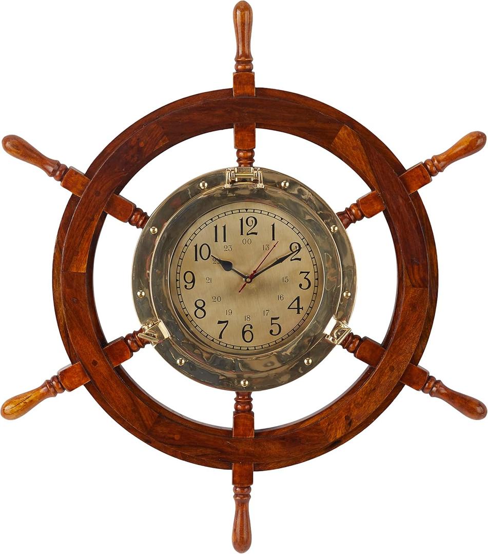 Deco 79 Wood Sail Boat Ship wheel Wall Clock, 30" x 4" x 30", Gold