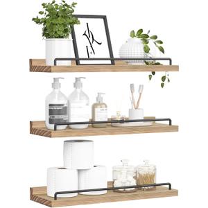 Floating Shelves for Wall Decor, Light Brown Wood Shelves for Bathroom, Living Room, Bedroom, Picture Frames, Plants, Kitchen (Set of 3) (16")