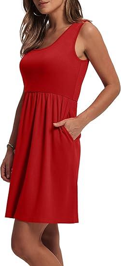WIHOLL Women's Summer Dress 2025 A-Line Sleeveless Casual Sundress with Pockets, Solid Red XL